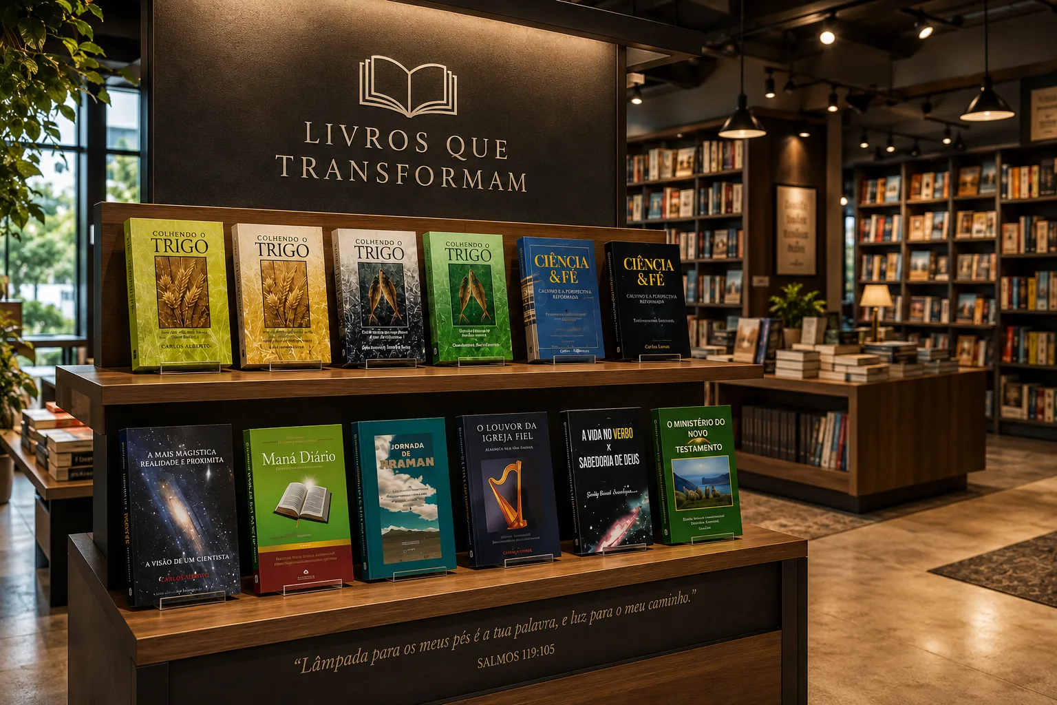 Mesa de exposição da livraria com o letreiro “Livros que transformam”